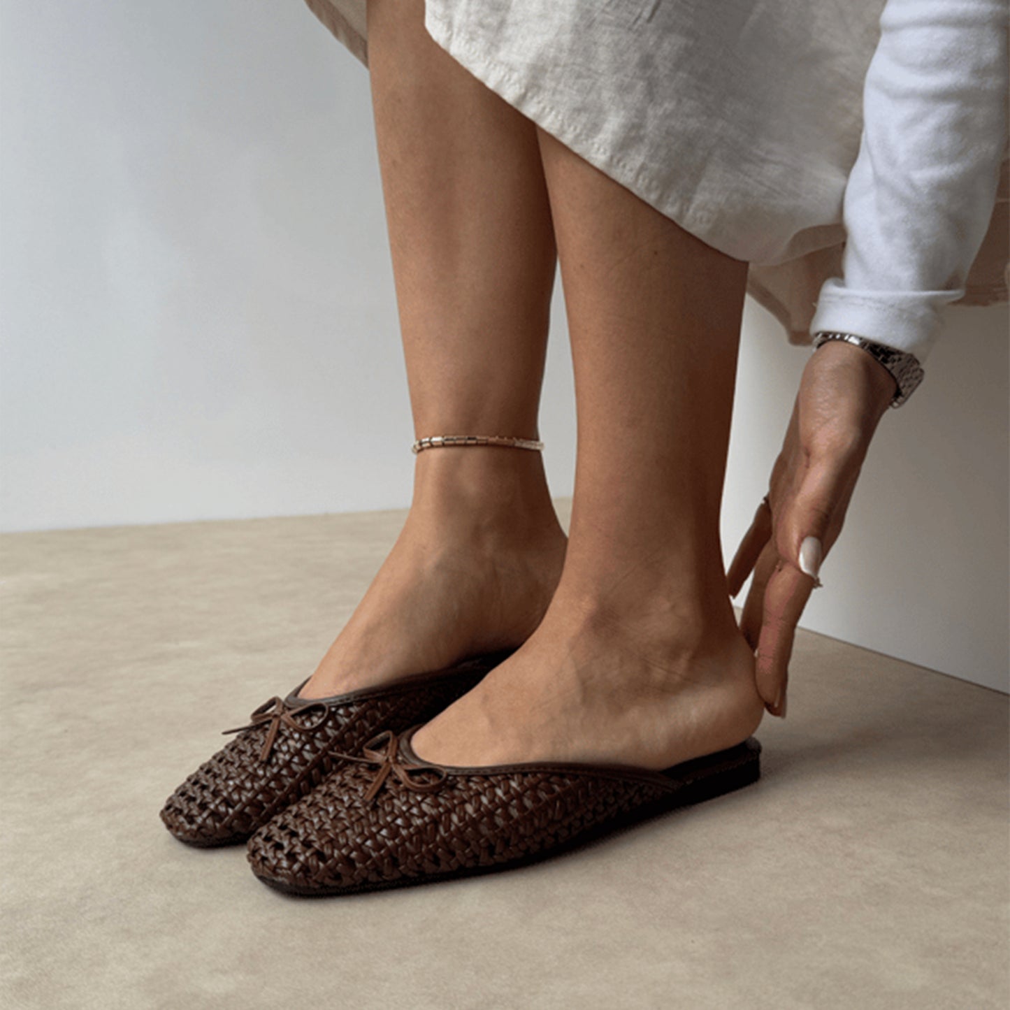 Coffee Woven Vegan Leather Square-Toe Front Bow Backless Chic Flats