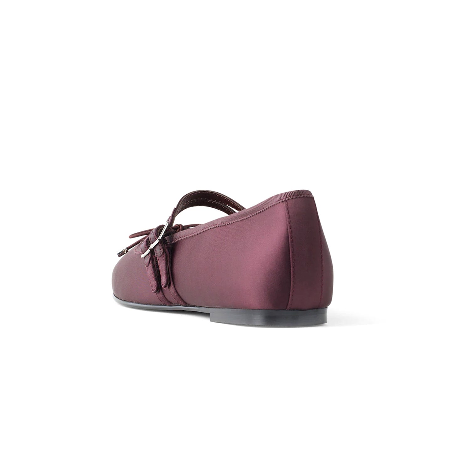 Dark Purple Satin Square-Toe Double Bridge Strap Front Bow Ballet Flats