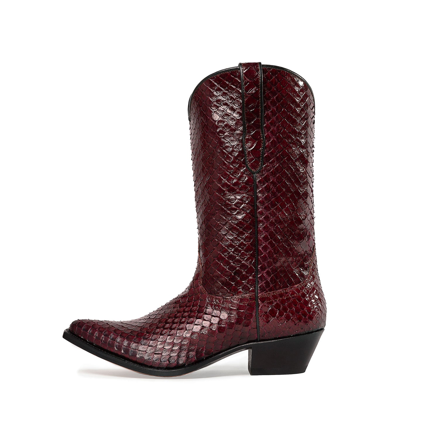 Burgundy Snakeskin Print Snip-Toe Simple Mid Calf Cowgirl Boots