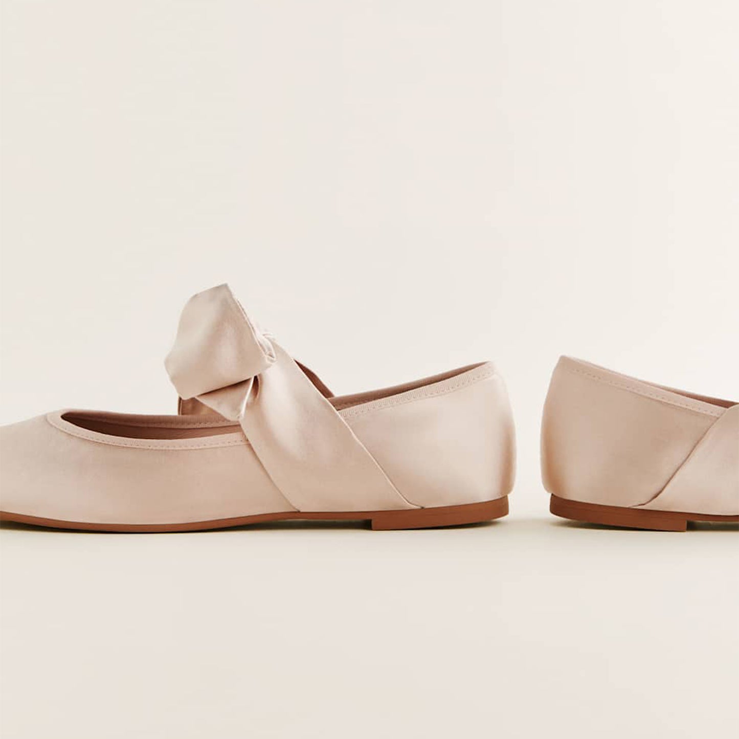 Pink Satin Round-Toe Bridge Bow Strap Ballet Flats