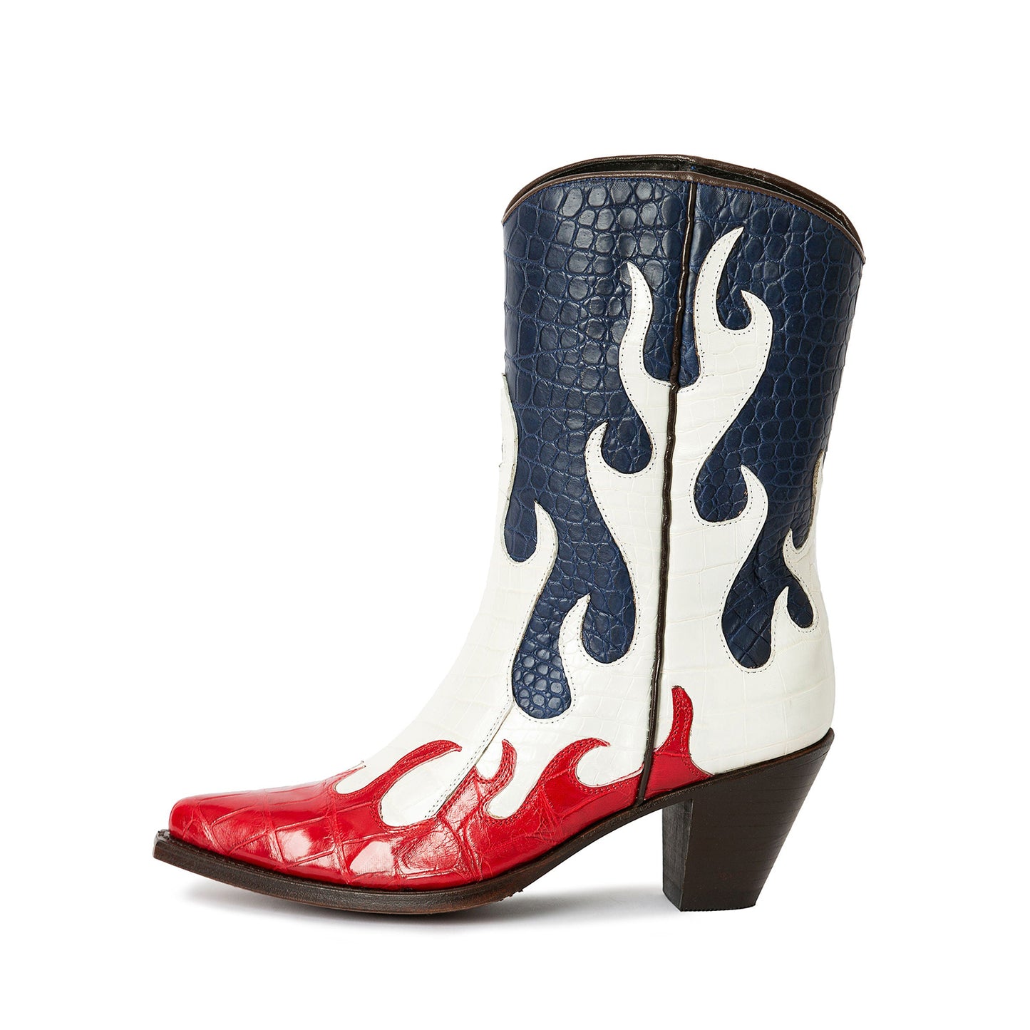 Contrast Colors Crocodile Print Pointed-Toe Flame Appliques Ankle Cowgirl Boots