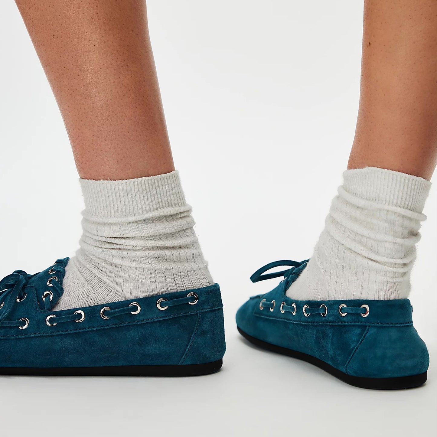 Dark Turquoise Faux Suede Round-Toe Lace-Up Boat Shoes Flats