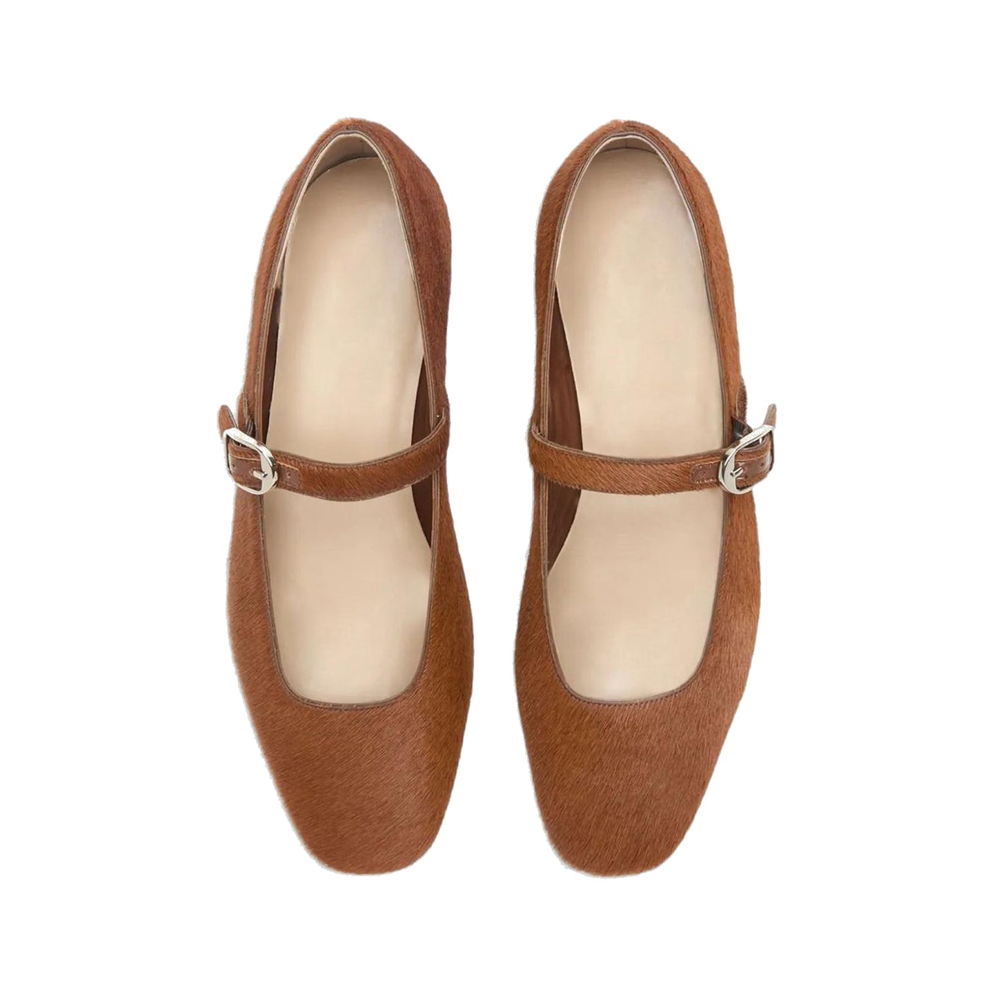 Brown Pony Hair Square-Toe Mary Jane Slip-On Ballet Flats