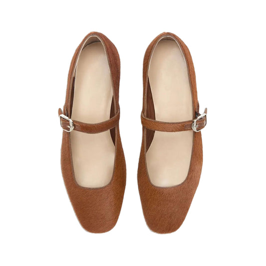 Brown Pony Hair Square-Toe Mary Jane Slip-On Ballet Flats