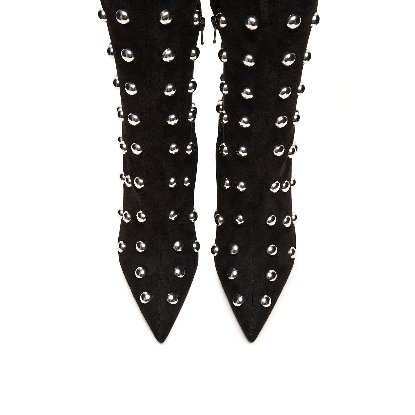 Black Faux Suede Pointed-Toe Full Studs Half-Zip Knee High Stiletto Boots
