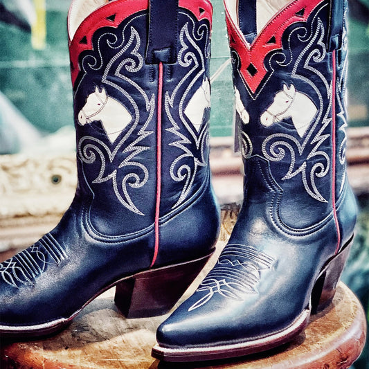 Navy Blue Pointed-Toe Embroidery Horses Inlay Ankle Cowgirl Boots