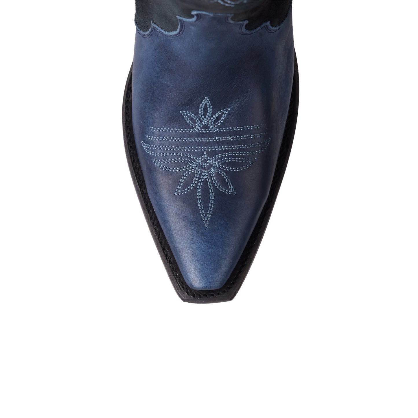Navy Contrast Faux Suede And Vegan Leather Snip-Toe Floral Embroidery Half-Zip Knee High Cowgirl Boots