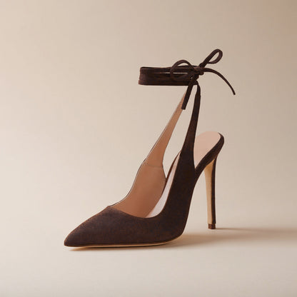 Black Faux Suede Pointed-Toe Slingback Ankle Laces High Heels