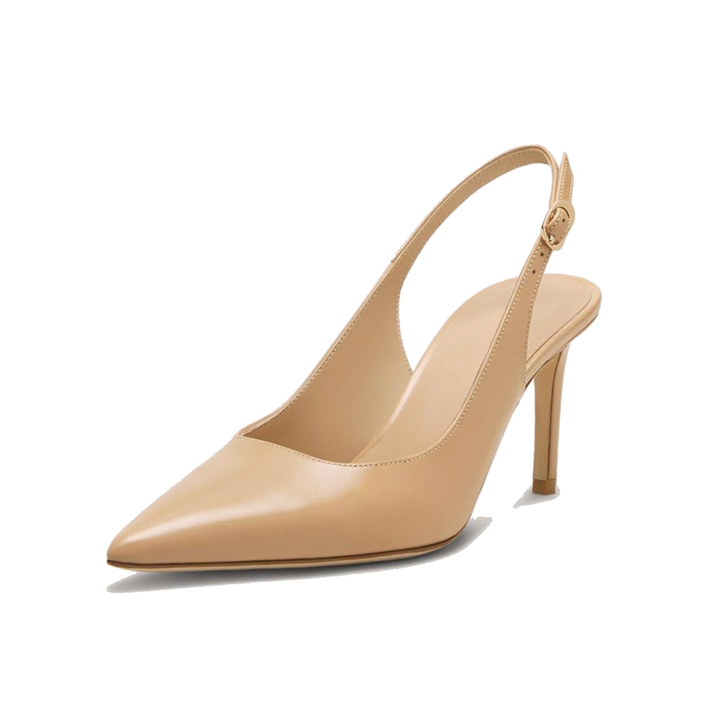 Beige Vegan Leather Pointed-Toe Classic Buckle Back Strap Kitten Heels