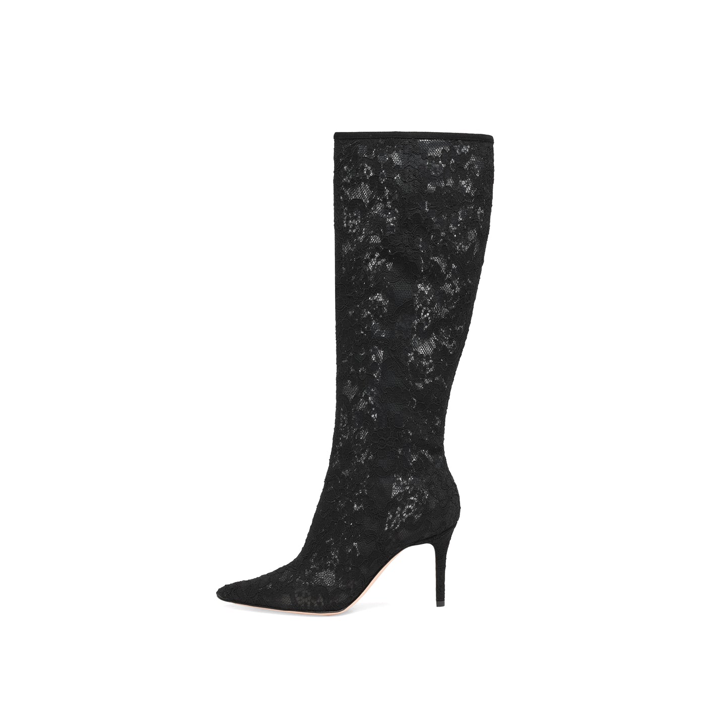 Black Lace Mesh Pointed-Toe Full-Zip Knee High Stiletto Boots