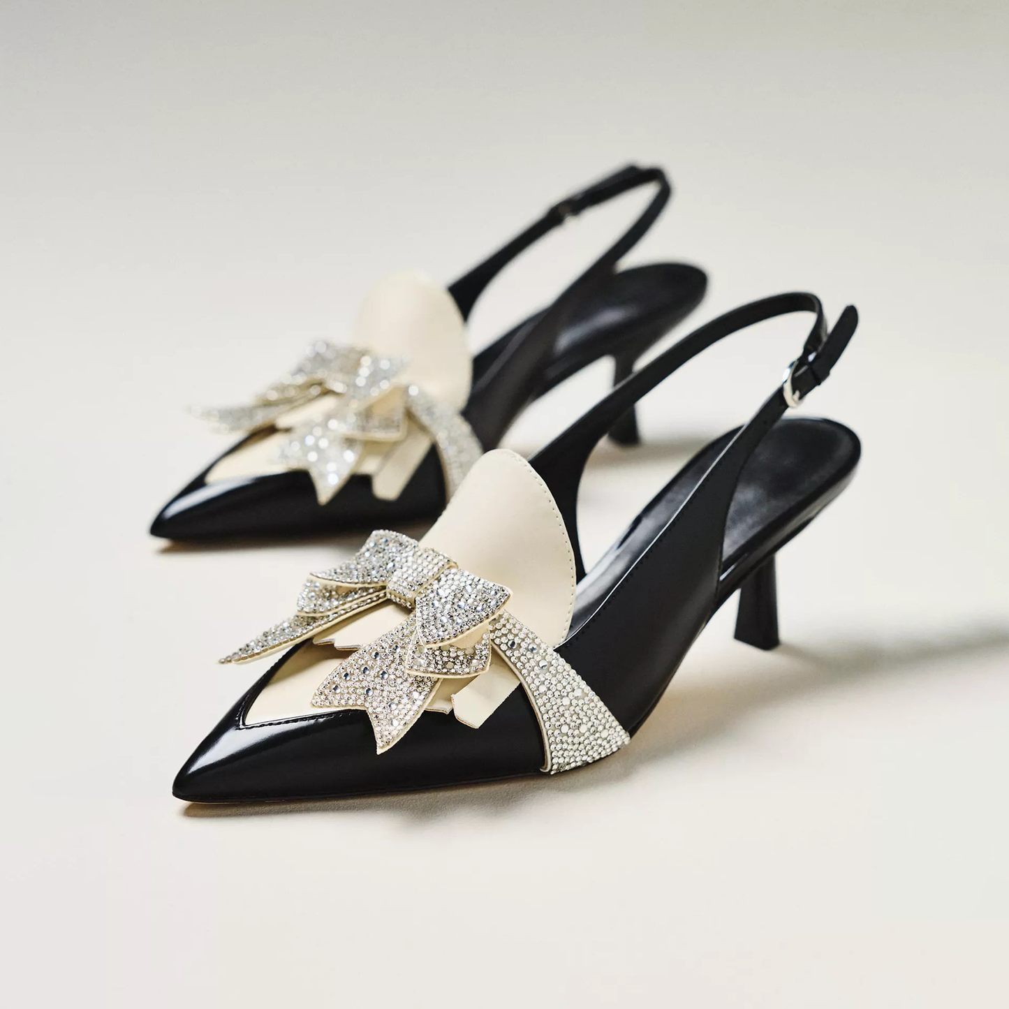 Patent Black Pointed-Toe Front Rhinestones Bow Buckle Slingback Kitten Heels