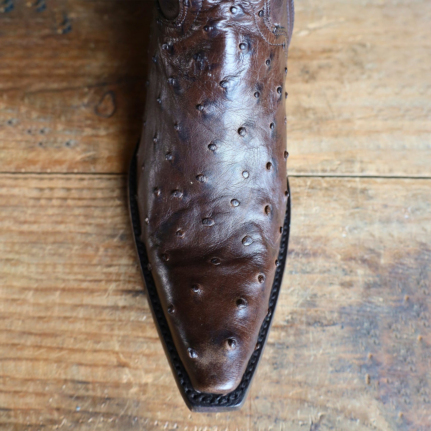 Chocolate Contrast Vegan Leather And Ostrich Print Snip-Toe Embroidery Half-Zip Knee High Cowgirl Boots