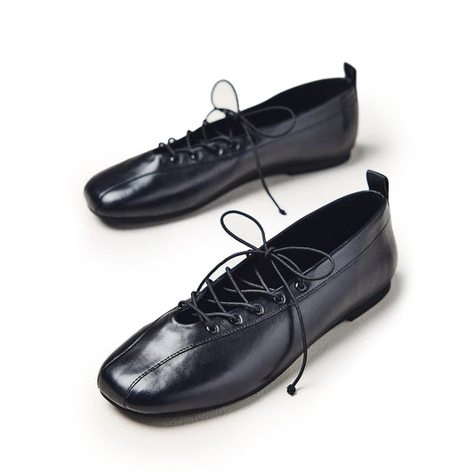 Black Vegan Leather Square-Toe Lace-Up Ballet Flats