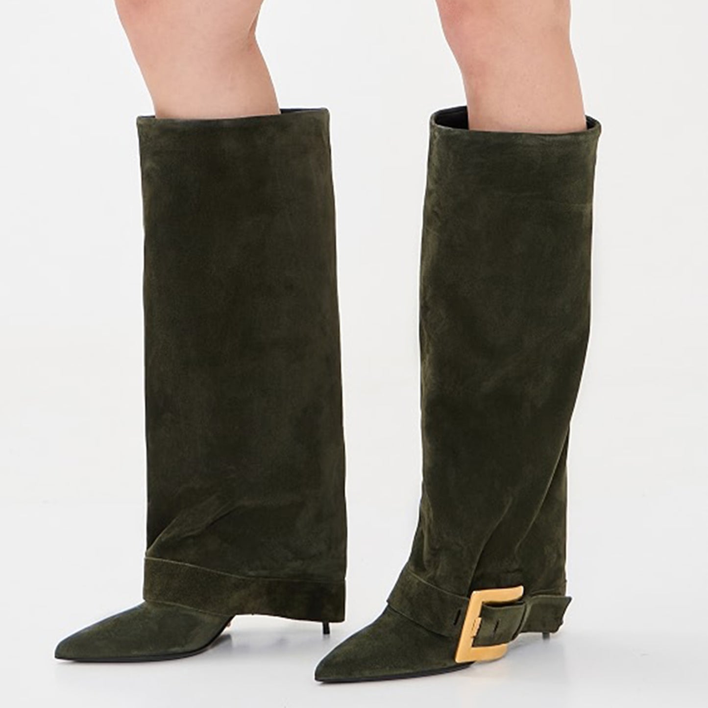 Khaki Faux Suede Pointed-Toe Bottom Buckle Fold-Over Wide Calf Knee High Stiletto Boots