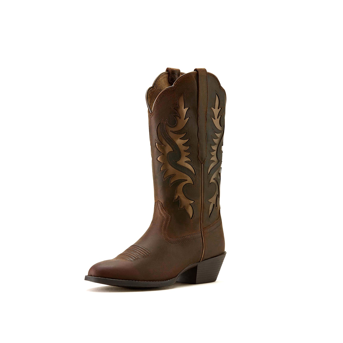 Brown Almond-Toe Metallic Bronze Inlay Mid Calf Cowgirl Boots