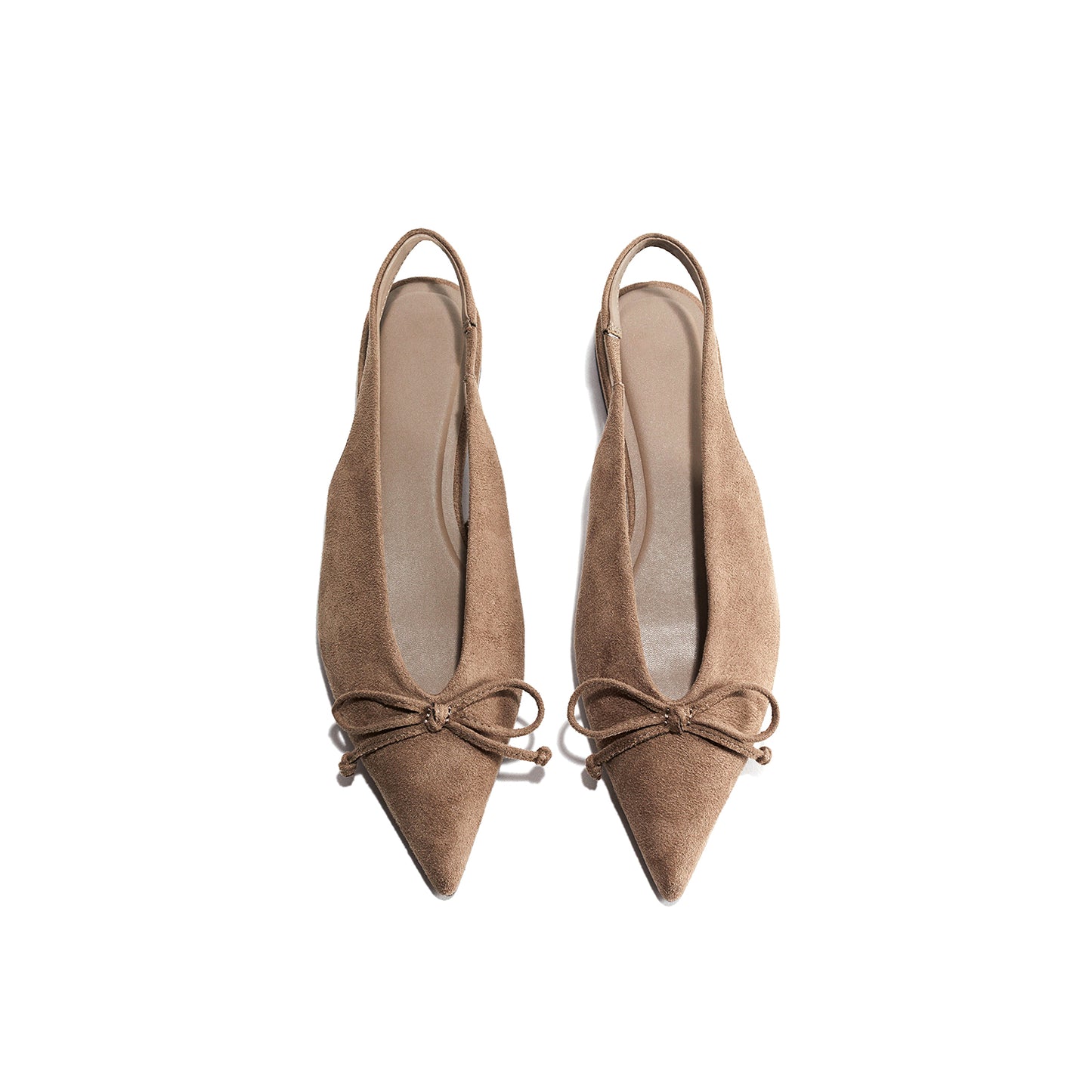 Beige Faux Suede Pointed-Toe Front Bow Slingback Flats