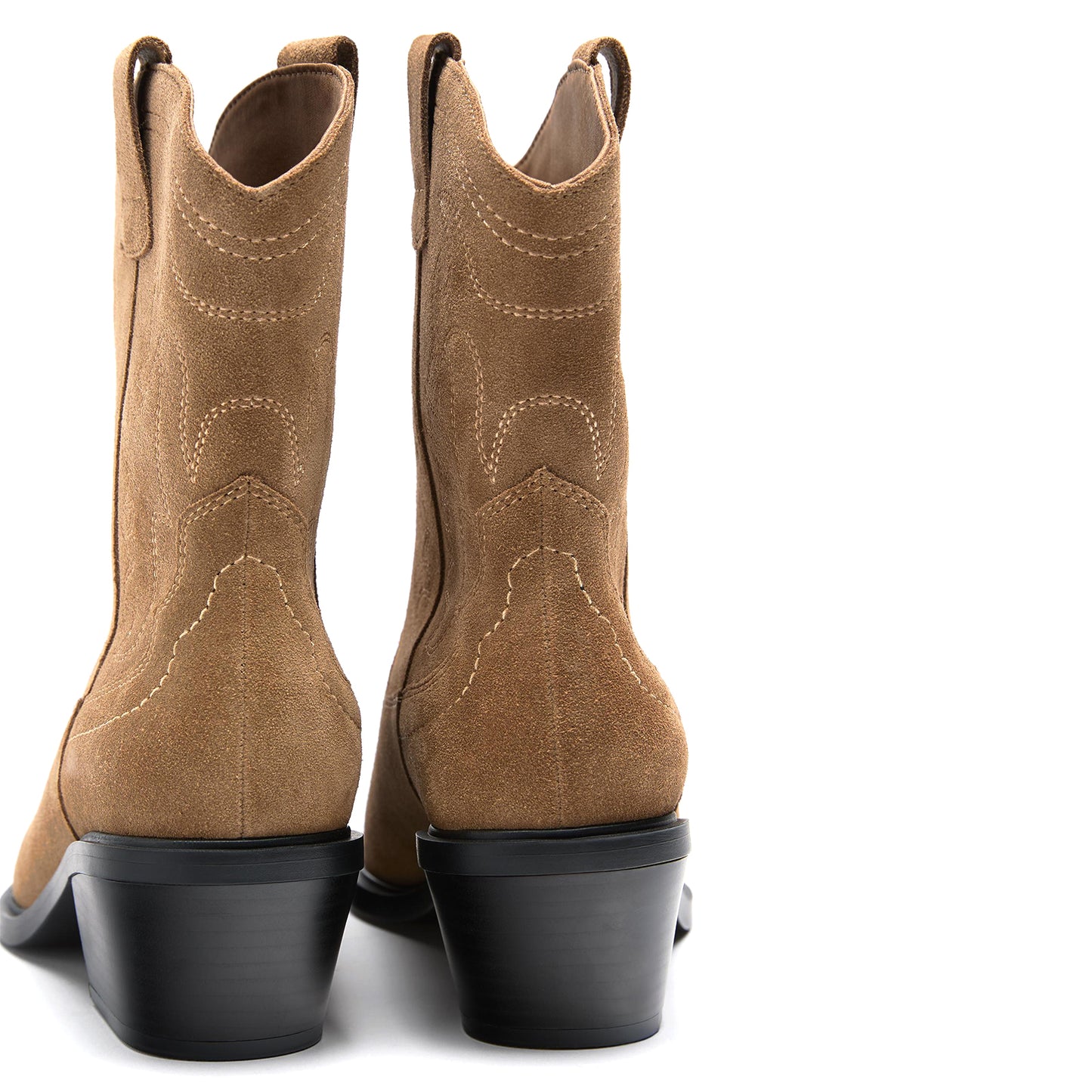 Camel Faux Suede Almond-Toe Embroidery Detail Ankle Cowgirl Boots