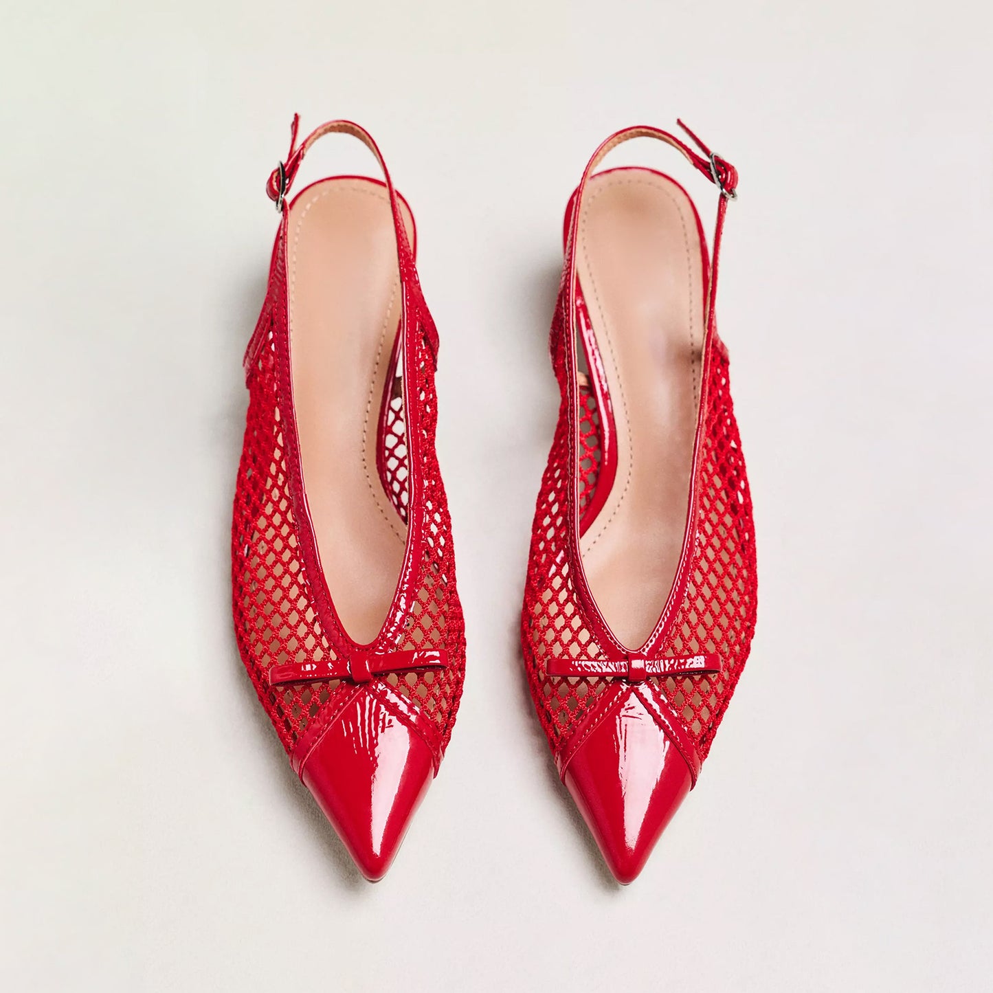 Red Mesh Patent Pointed-Toe Front Bow Slingback Kitten Heels