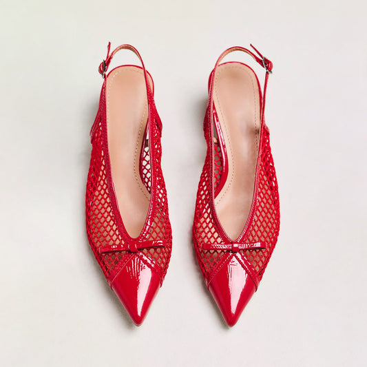 Red Mesh Patent Pointed-Toe Front Bow Slingback Kitten Heels