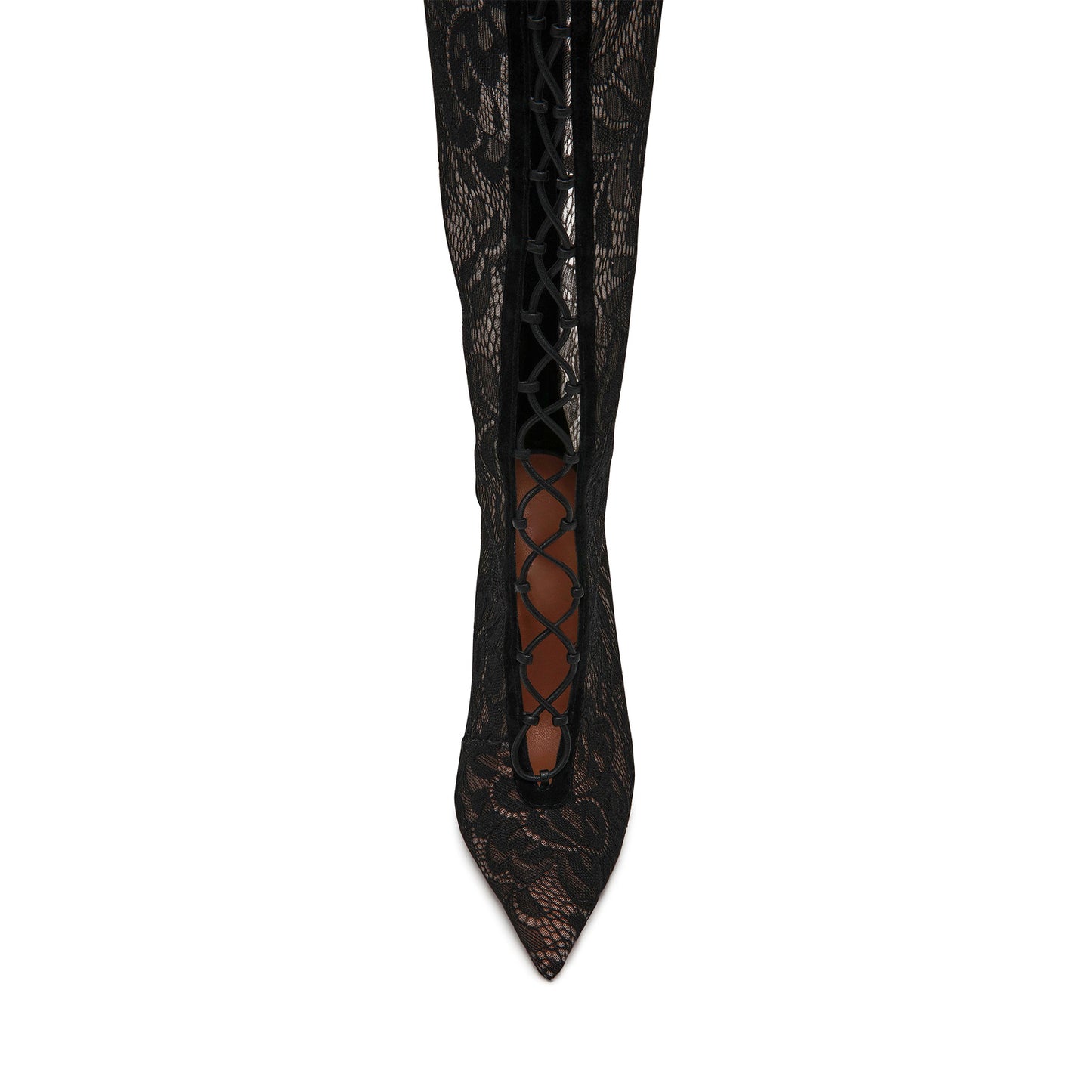 Black Lace Mesh Pointed-Toe Front Lace-Up And Back Full-Zip Knee High Stiletto Boots