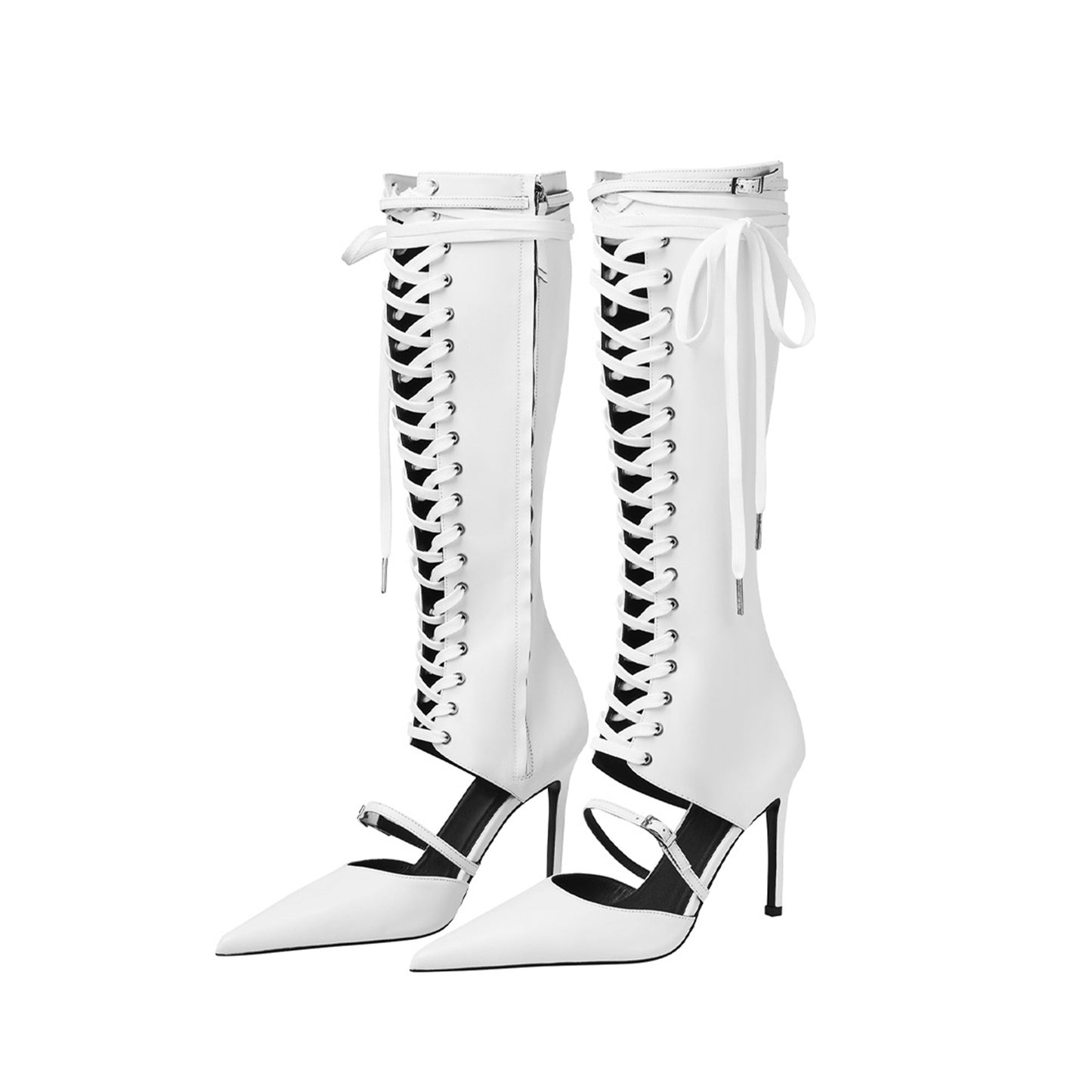 White Pointed-Toe Front Lace-Up Full-Zip Knee High Stiletto Boots