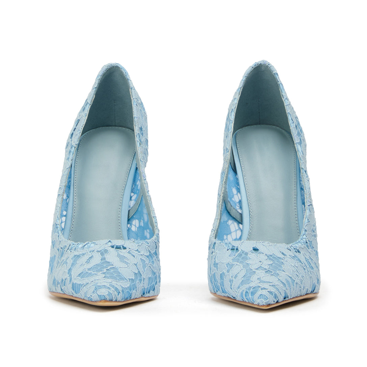 Blue Lace Mesh Pointed-Toe Slip-On High Heels Pumps