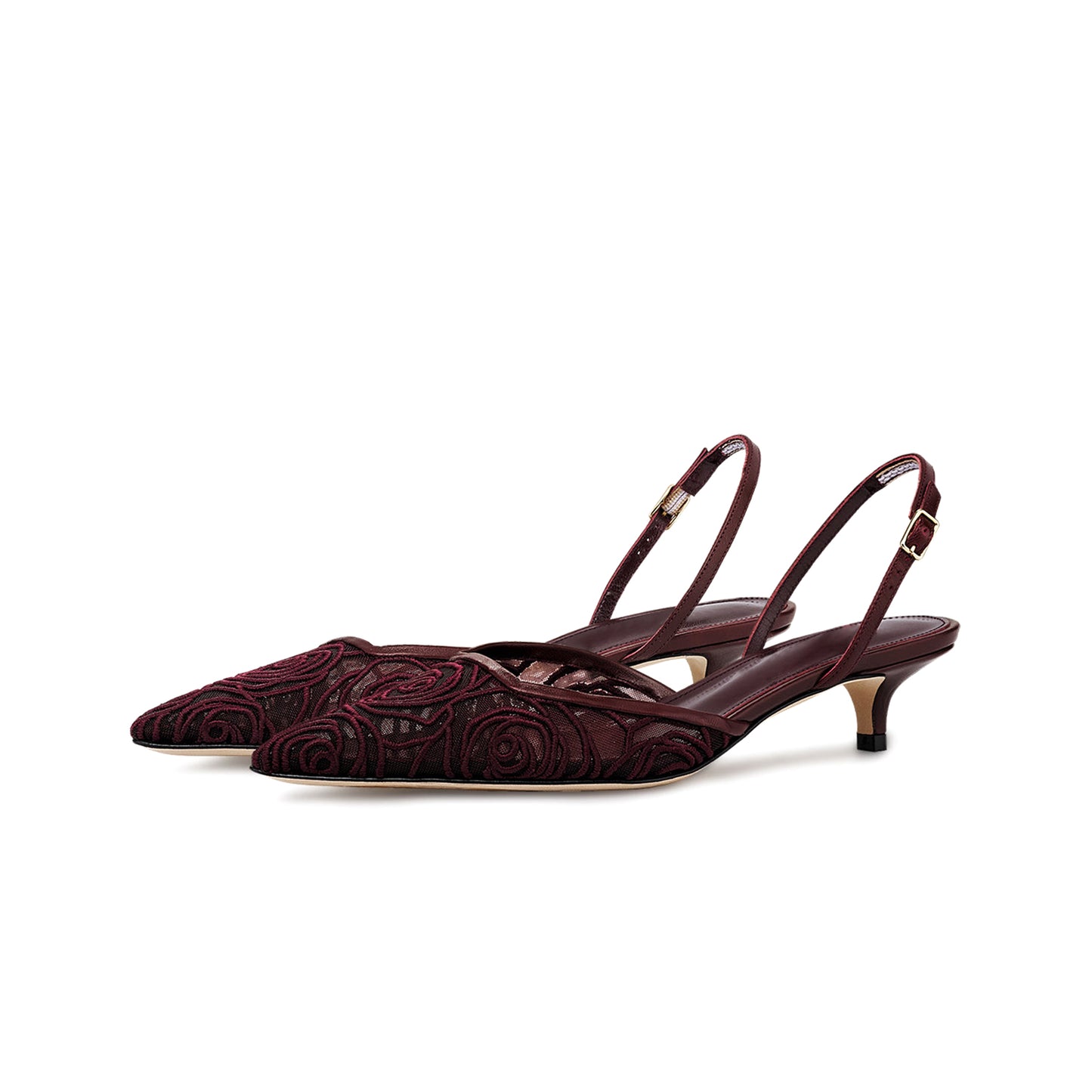 Dark Red Mesh Pointed-Toe Embroidery Slingback Slip-On Kitten Heels
