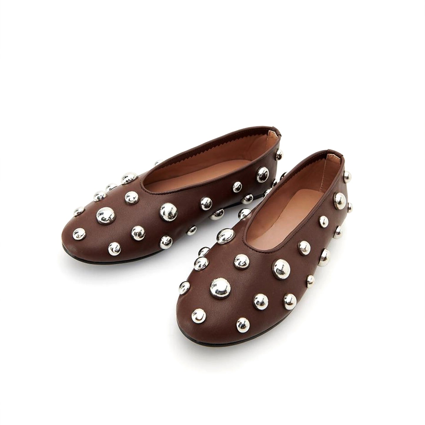 Dark Brown Vegan Leather Round-Toe Studded Slip-On Flats