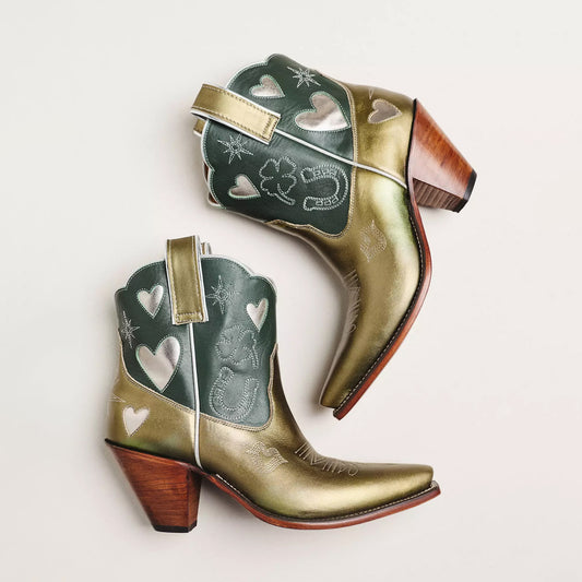 Contrast Metallic Olive And Green Snip-Toe Embroidery Silver Heart Inlay Ankle Cowgirl Boots