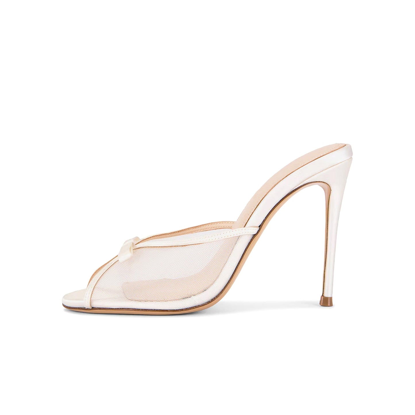 White Mesh Satin Round-Toe Front Bow Backless High Heels