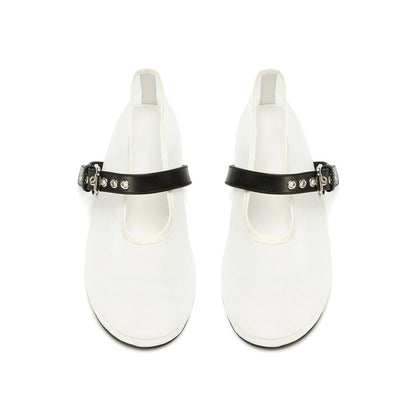 White Mesh Round-Toe Ballet Flats With Bridge Strap