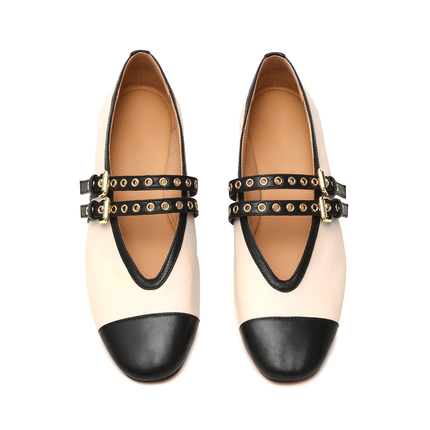 Bone Square-Toe Double Bridge Straps With Eyelets Classic Ballet Flats