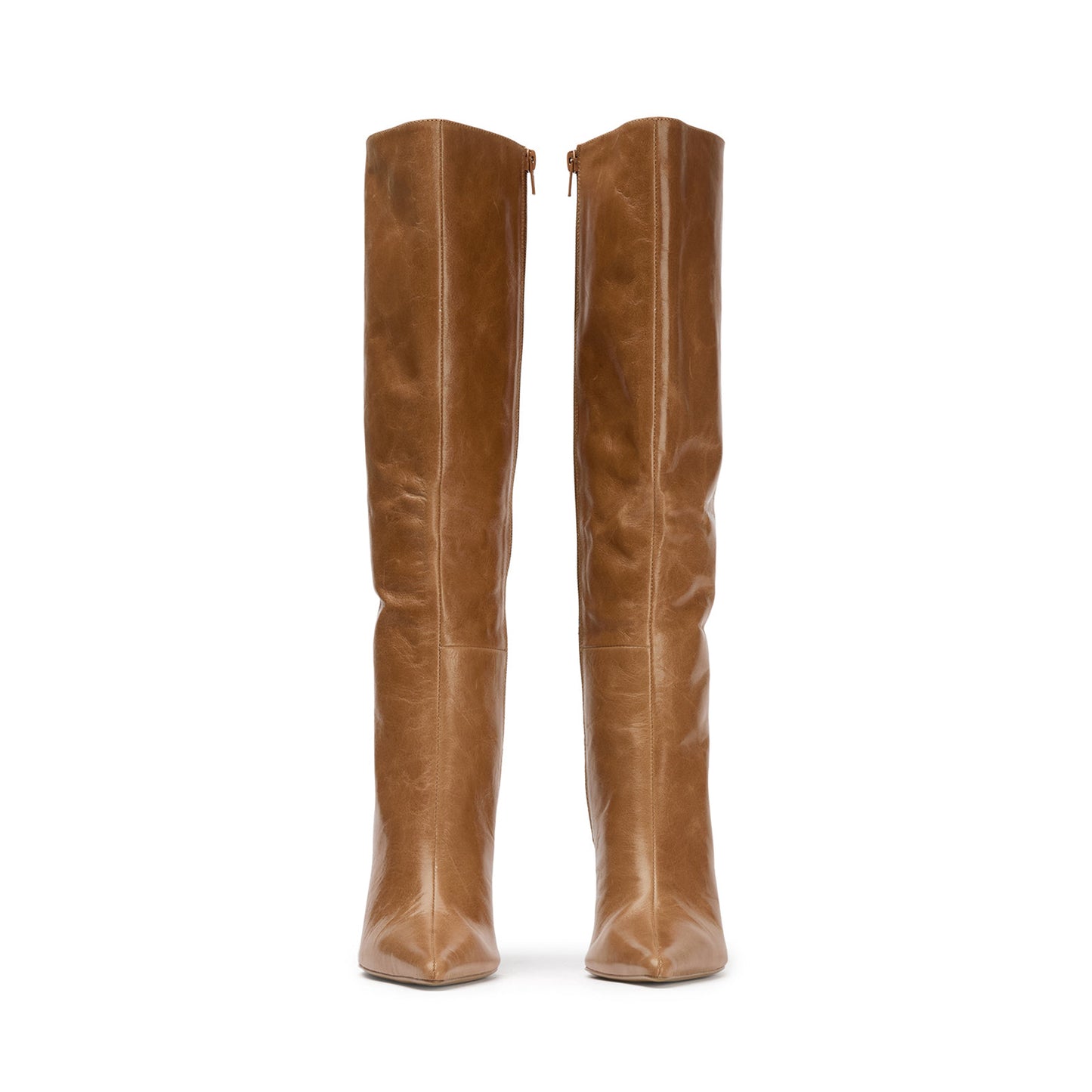 Vintage Tan Pointed-Toe Full-Zip Sleek Knee High Stiletto Boots