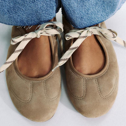 Sandy Brown Faux Suede Round-Toe Lace-up Closure Contrast Stitching Ballet Flats