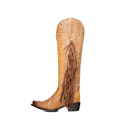 Camel Snip-Toe Embroidery Side Fringe Half-Zip Knee High Cowgirl Boots