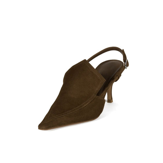 Brown Faux Suede Pointed-Toe Slingback Kitten Heels
