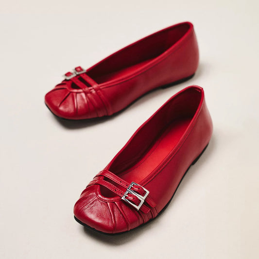 Red Square-Toe Front Buckle Double Straps Classic Ballet Flats