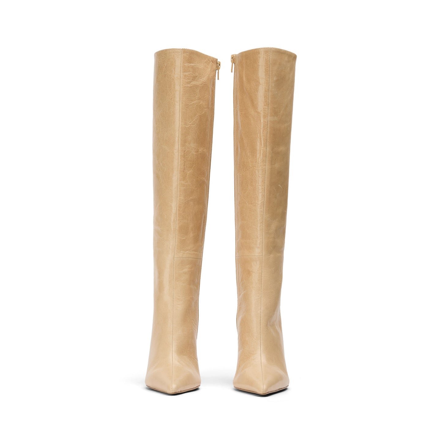 Vintage Beige Pointed-Toe Full-Zip Sleek Knee High Stiletto Boots