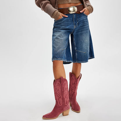 Pink Faux Suede Snip-Toe Classic Embroidery Mid Calf Cowgirl Boots