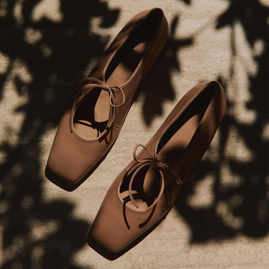Peach Vegan Leather Square-Toe Vamp Strap With Bow Ballet Flats