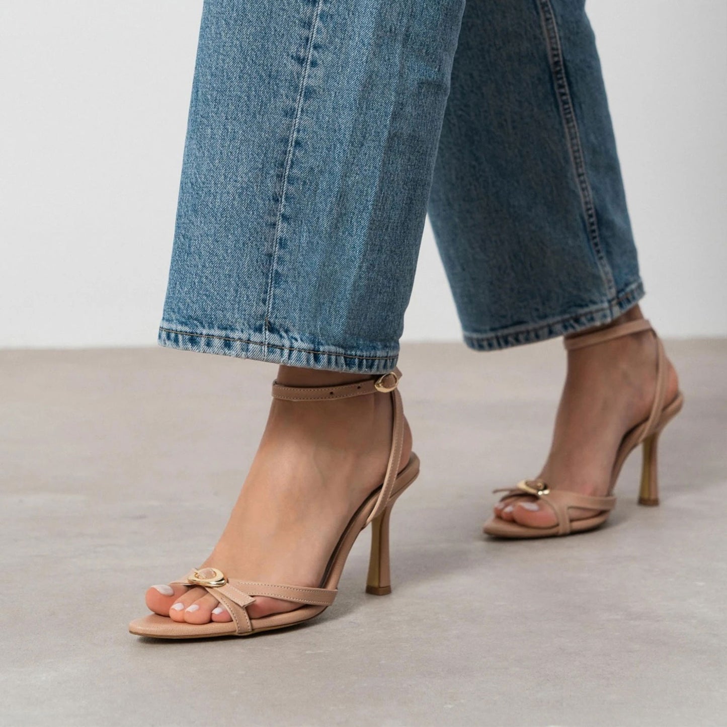 Beige Pointed-Toe Front Buckle And Ankle Strap High Heels