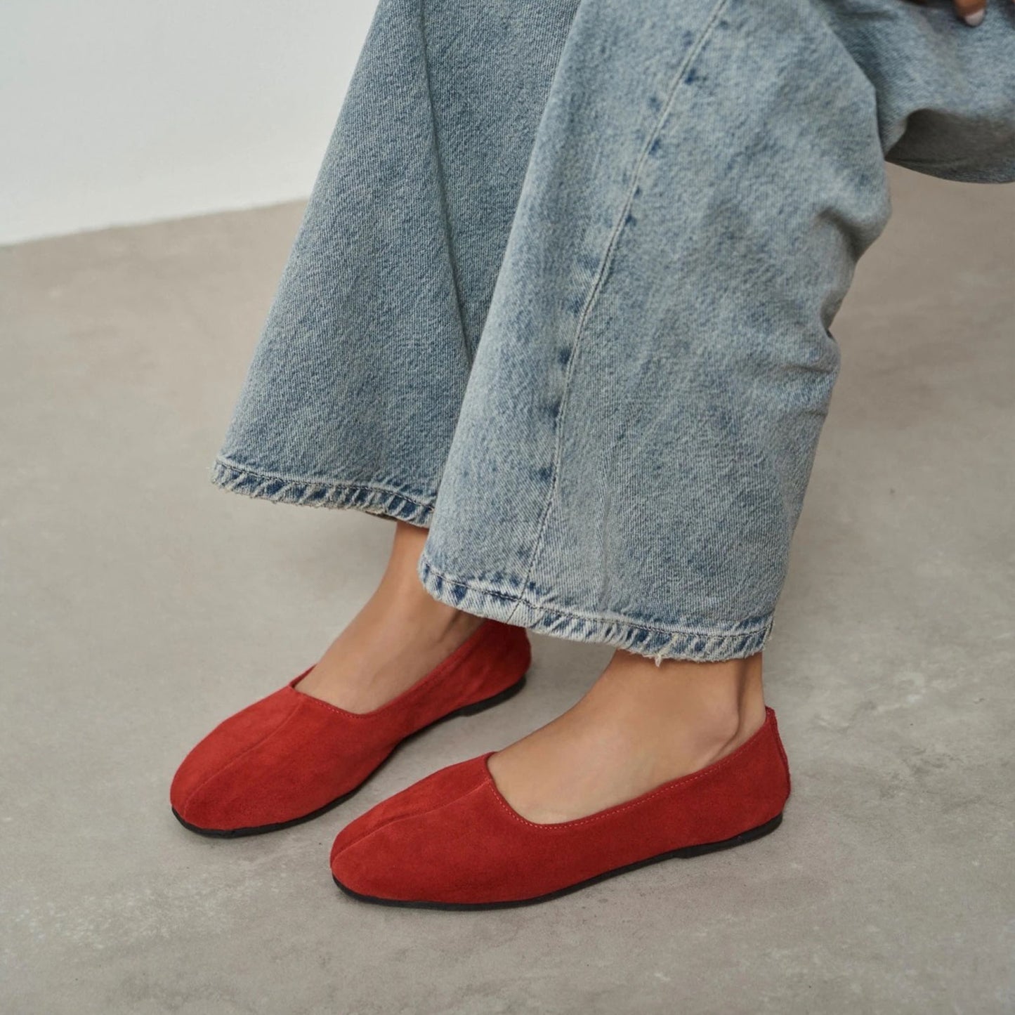 Red Cow Suede Round-Toe Slip-On Classic Ballet Flats