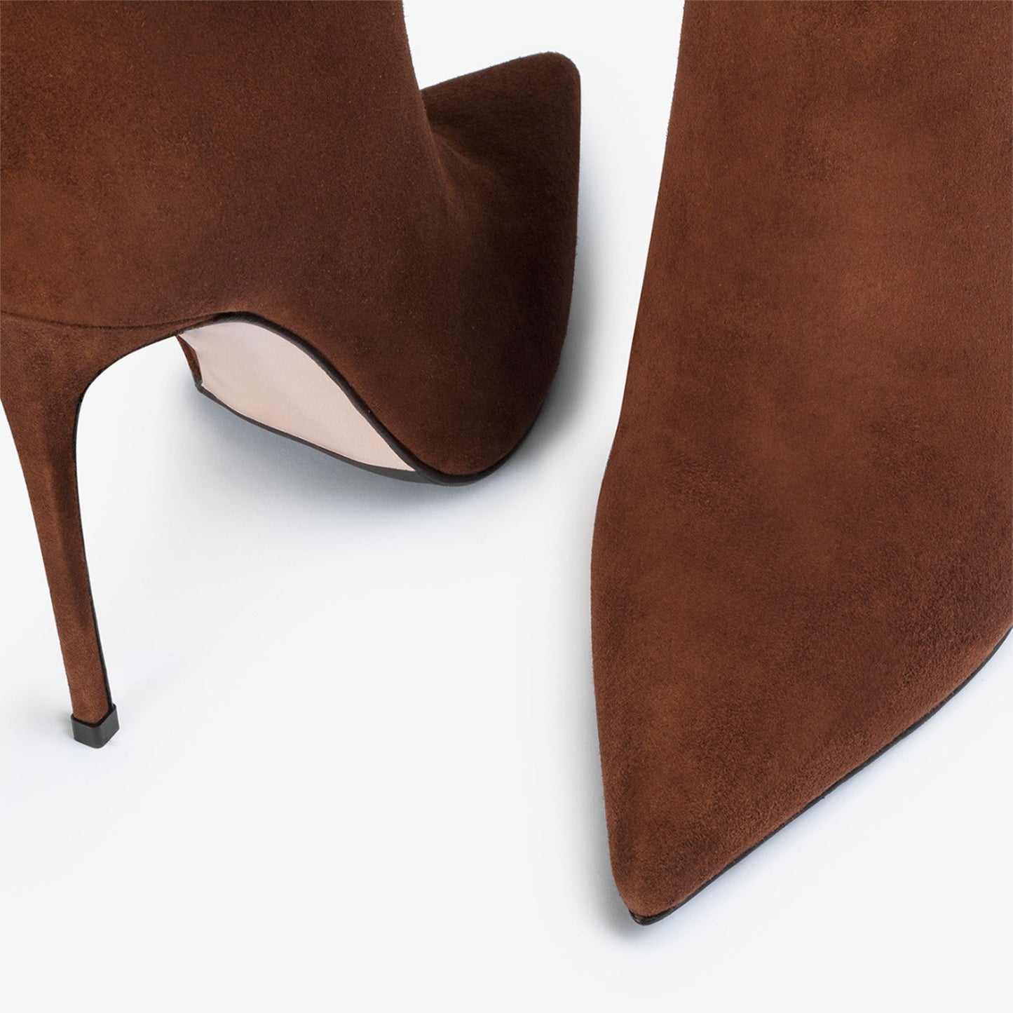 Brown Faux Suede Pointed-Toe Simple Full-Zip Ankle Stiletto Boots