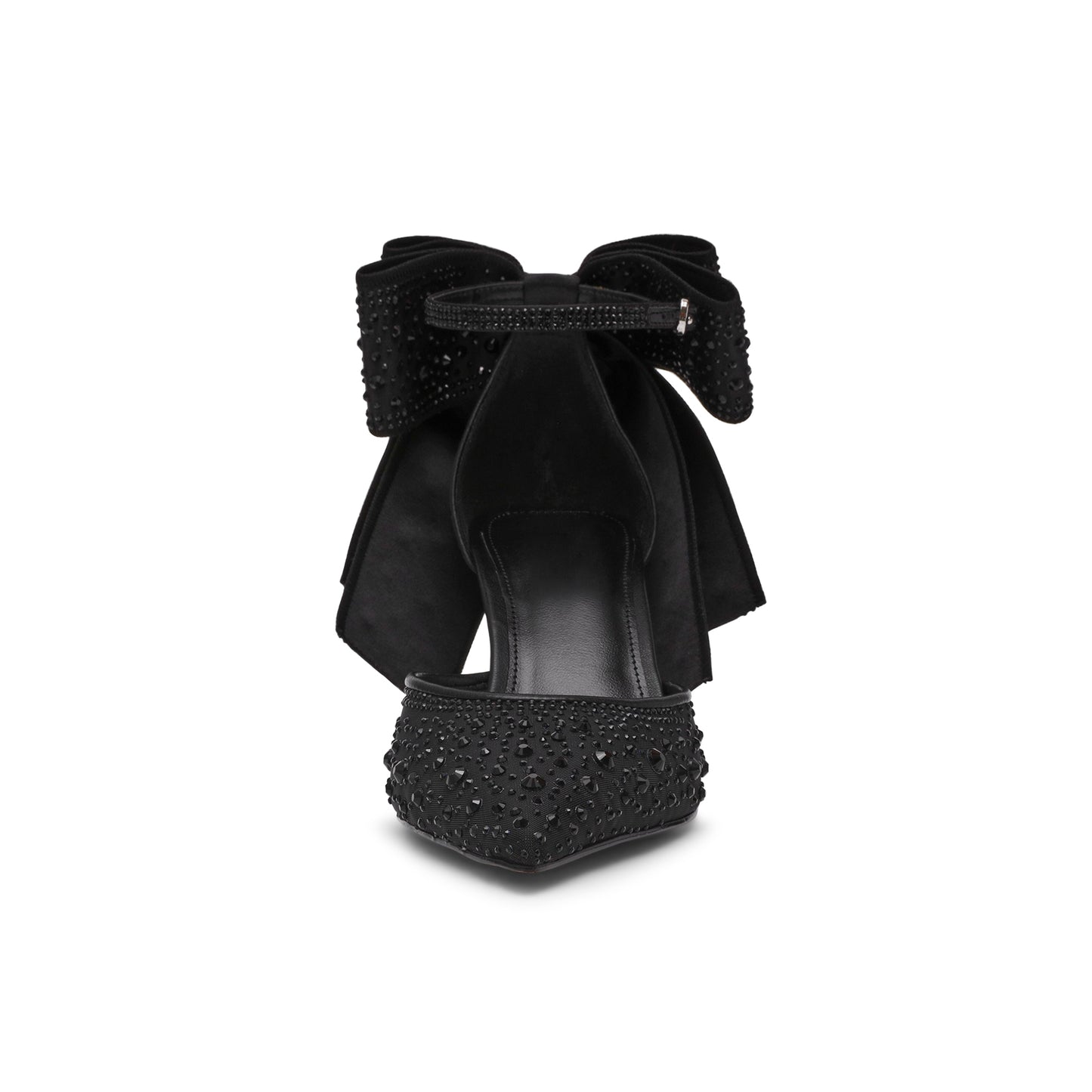 Black Crystals Satin Pointed-Toe Ankle Strap With Bow Pumps