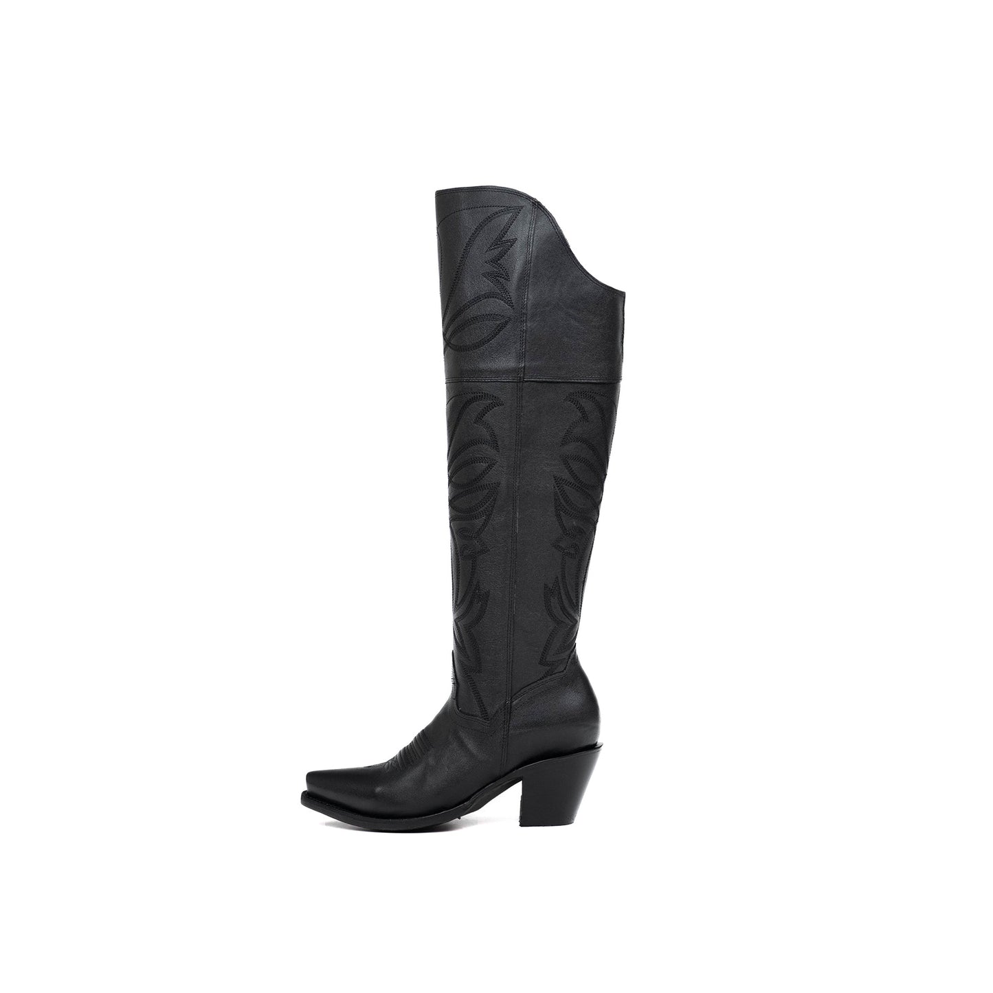 Black Snip-Toe Half-Zip Western Embroidery Knee High Cowgirl Boots