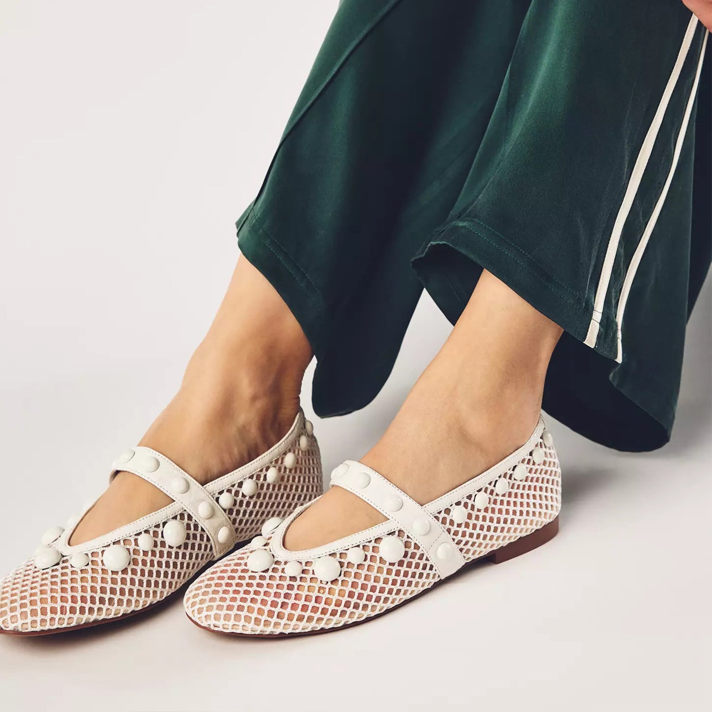 White Mesh Square-Toe Studs And Mary Jane Ballet Flats