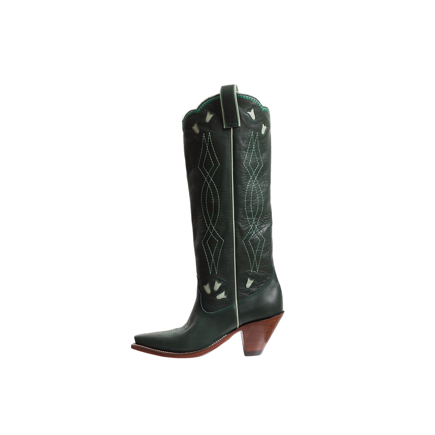 Dark Green Snip-Toe Tulip Inlay Embroidery Wide Calf Knee High Cowgirl Boots