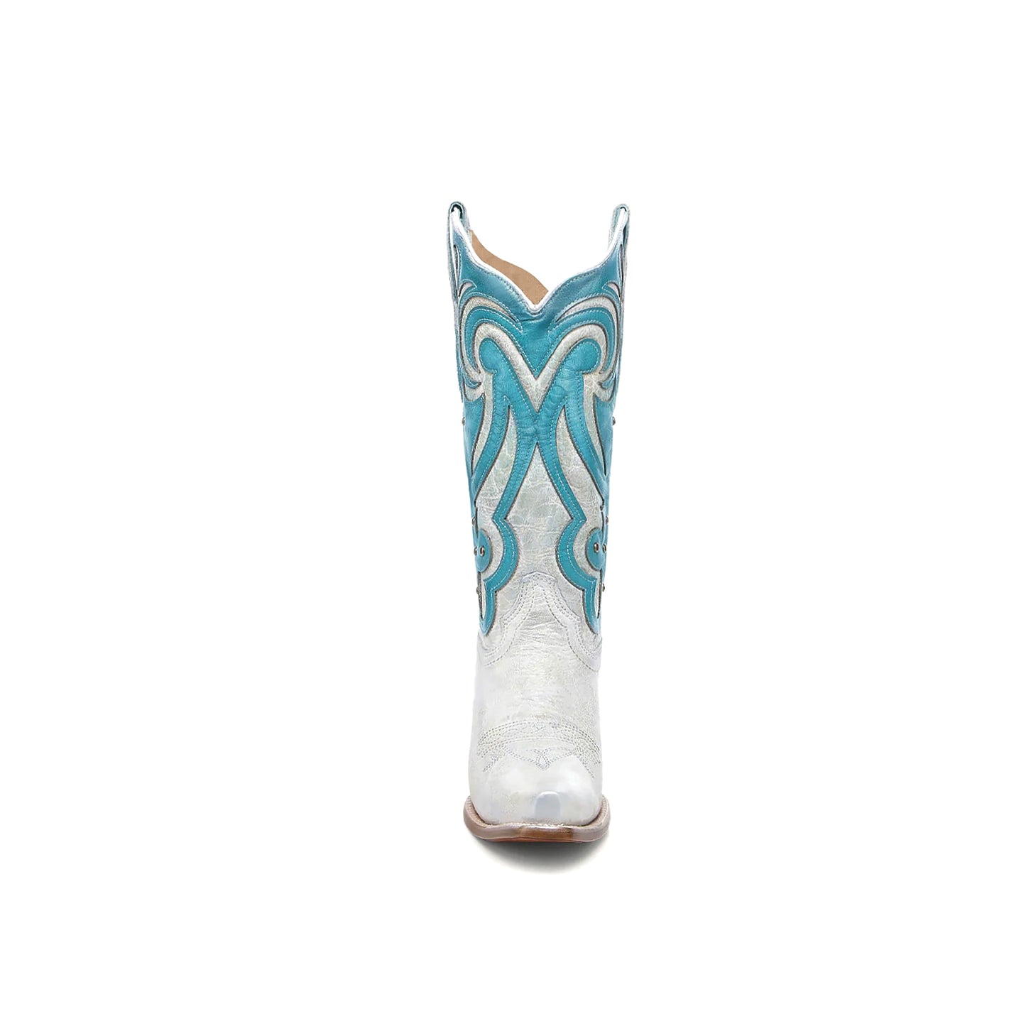 Distressed White Overlay Turquoise Snip-Toe Studded Mid Calf Cowgirl Boots