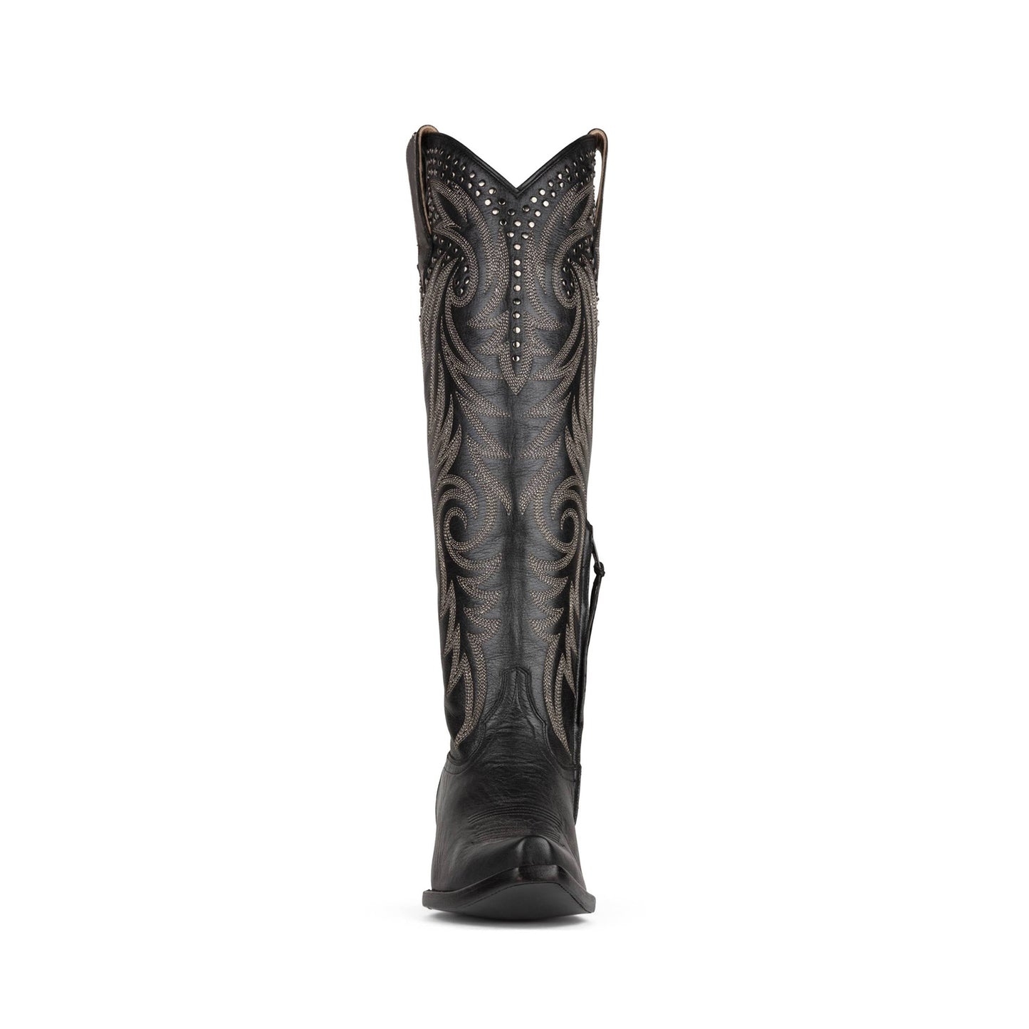 Black Snip-Toe Studs And Embroidery Classic Half-Zip Knee High Cowgirl Boots