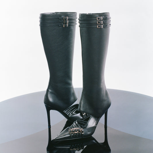 Black Pointed-Toe Buckle Straps Full-Zip Knee High Stiletto Boots